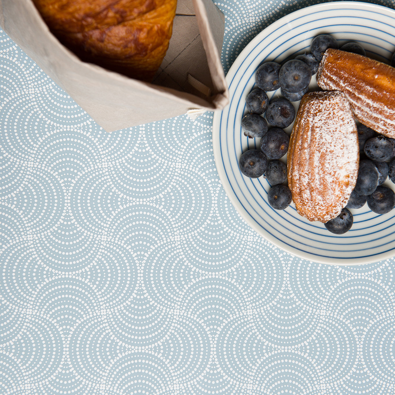 Madeleine cookies and blueberries in bowl on top of placemats with blue line pattern